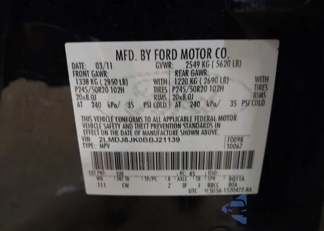 2011 Lincoln Mkx z USA, uszkodzony, nr VIN 2LMDJ8JK0BBJ21139